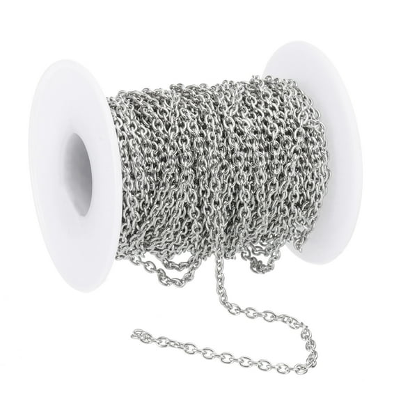 Uxcell 33Ft 304 Stainless Steel Cable Link Chains, 3mm Width Flat Metal Links Chains Jewelry Roll Spool Bulk Chain for Jewelry Making DIY Craft, Silver Tone