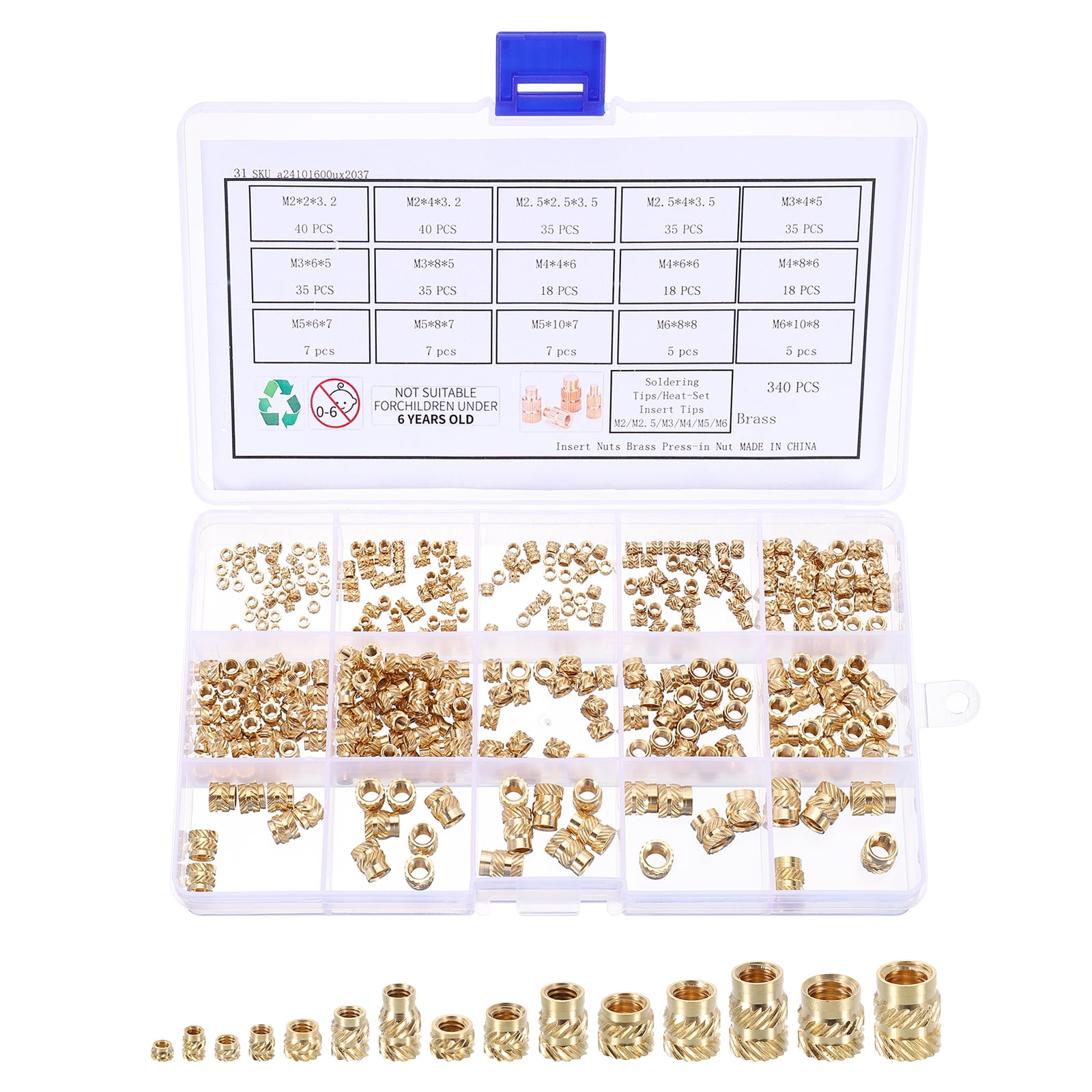 Uxcell 340pcs M2 M2.5 M3 M4 M5 M6 Metric Threaded Inserts Brass Heat ...