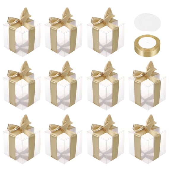 Uxcell 35 Pcs Clear Gift Boxes, 100x100x100mm Clear Boxes for Favors with Gold Ribbon Blank Tag, Plastic Gift Box for Wedding, Party Favors, Candy Boxes, Home Birthday Decor