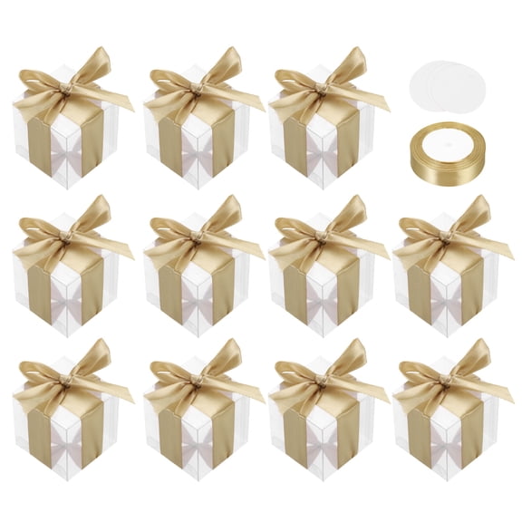 Uxcell 35 Pcs Clear Gift Boxes, 60x60x60mm Clear Boxes for Favors with Gold Ribbon Blank Tag, Plastic Gift Box for Wedding, Party Favors, Candy Boxes, Home Birthday Decor