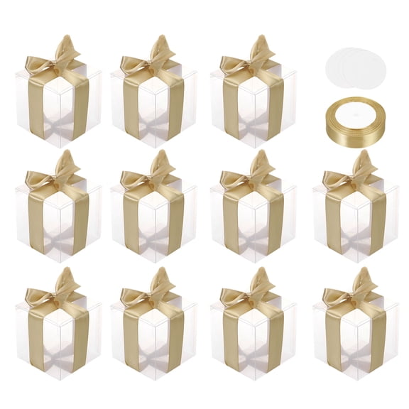 Uxcell 35 Pcs Clear Gift Boxes, 80x80x80mm Clear Boxes for Favors with Gold Ribbon Blank Tag, Plastic Gift Box for Wedding, Party Favors, Candy Boxes, Home Birthday Decor