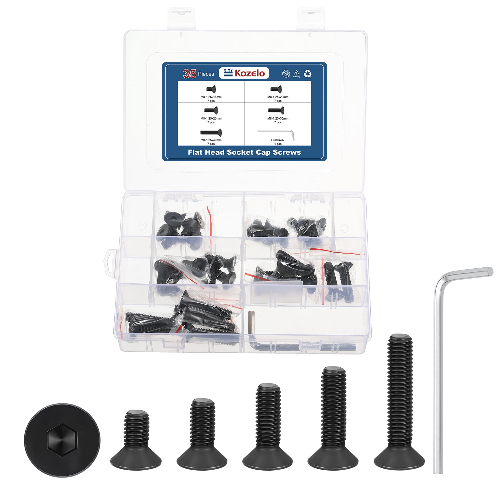 Uxcell 35 Pcs Flat Socket Cap Screws - [M8x1.25x16/20/25/30/40], Carbon Steel Countersunk Bolt, Black, for Automotive, Furniture Repair, Industrial Equipment Fixes