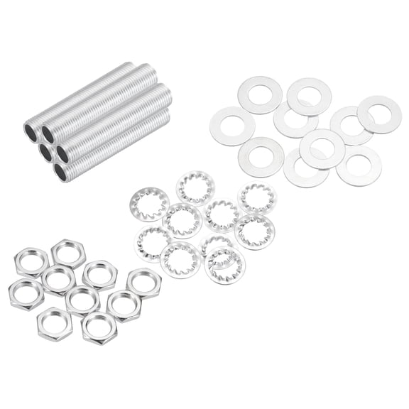 Uxcell 35Pcs 2" Lamp Pipe Nipples Kit With Hex Nuts Washers, M10 Fine Threaded Hollow Tube Repair Hardware Fasteners Assortment for Assembly Chandelier Ceiling Lamp DIY, Silver