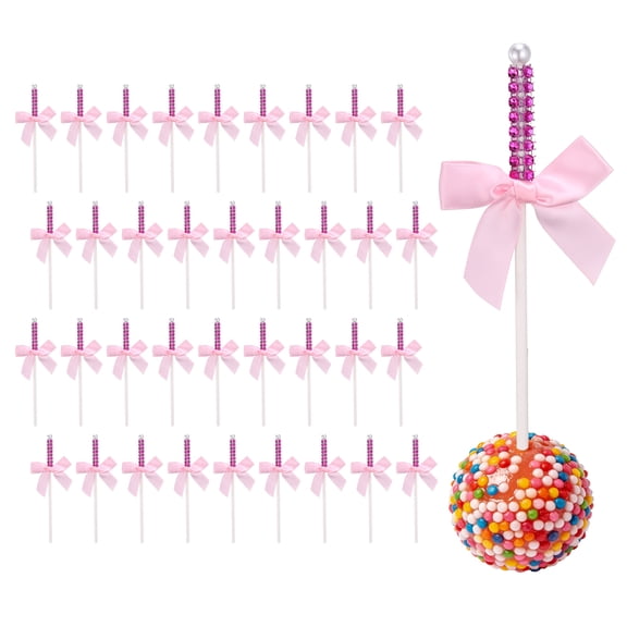 Uxcell 36 Pcs Bling Rhinestone Cake Sticks, Bow Lollipop Cake Toppers Picks Glitter Lollipop Cupcake Decorations for Chocolate Fruit Dessert Wedding Party Christmas, Pearl Color