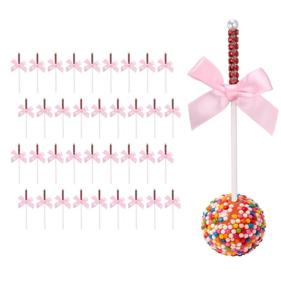 Uxcell 36 Pcs Bling Rhinestone Cake Sticks, Bow Lollipop Cake Toppers Picks Glitter Lollipop Cupcake Decorations for Chocolate Fruit Dessert Wedding Party Christmas, Pink