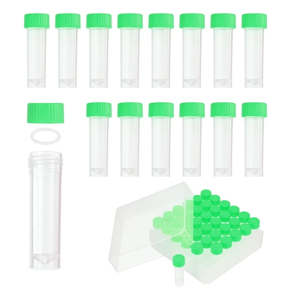 Uxcell 36 Pcs Plastic Vials, 5ml Cryogenic Vials Small Sample Test Tubes Centrifuge Tubes Frozen Container Storage Box with Screw Cap for Low Temperature Storage Laboratory, Green
