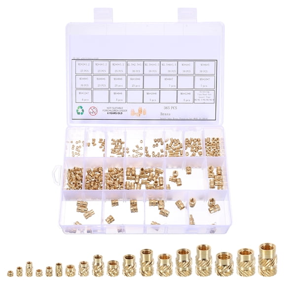 Uxcell 365pcs M2 M2.5 M3 M4 M5 M6 Metric Threaded Inserts Brass Heat Set Insert Knurled Nuts Assortment Kit, 3D Printing Brass Nuts Female Threaded Inserts Nuts with Heat Set Insert Tips