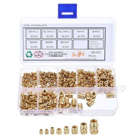 Uxcell 365pcs M2 M2.5 M3 M4 M5 Metric Threaded Inserts Brass Heat Set Insert Knurled Nuts Assortment Kit, 3D Printing Brass Nuts Female Threaded Inserts Nuts with Heat Set Insert Tips