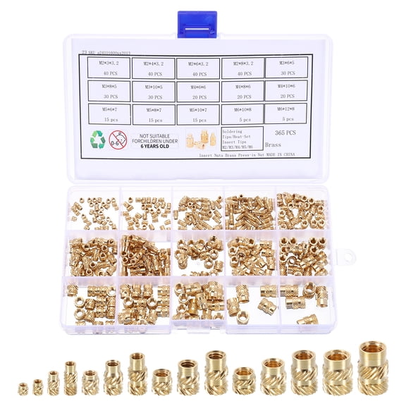 Uxcell 365pcs M2 M3 M4 M5 M6 Metric Threaded Inserts Brass Heat Set Insert Knurled Nuts Assortment Kit, 3D Printing Brass Nuts Female Threaded Inserts Nuts with Heat Set Insert Tips