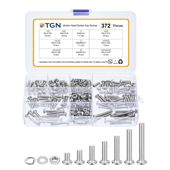Uxcell 372Pack M4-0.7x6/8/12/16/20/25/30mm Button Head Socket Cap Screws - 304 Stainless Steel Bolt Nut Set Washer Assortment Kit - Good for Road Bicycle, Mountain Bike, Auto