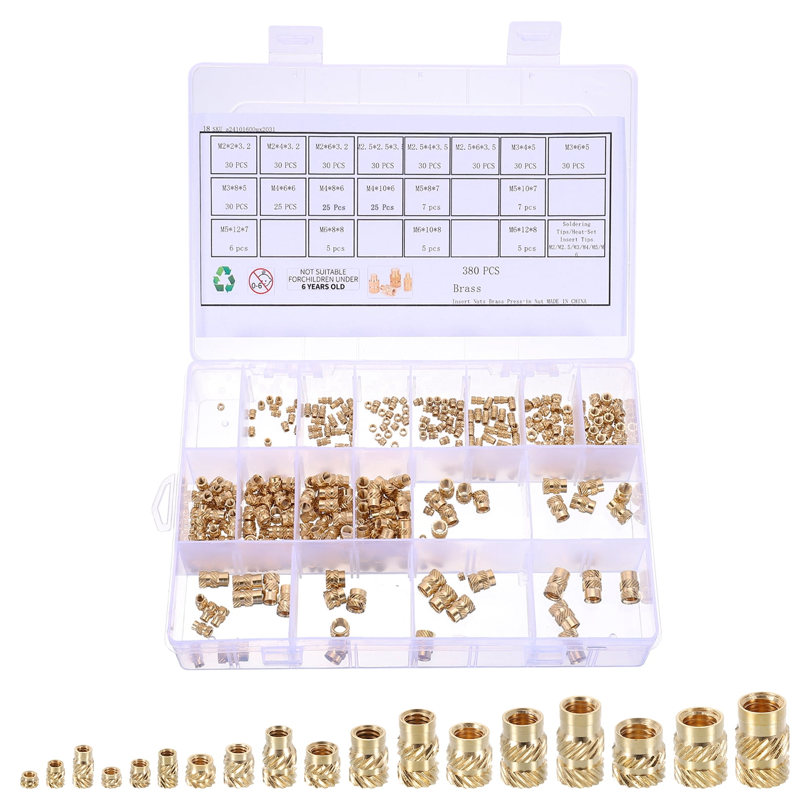 Uxcell 380pcs M2 M2.5 M3 M4 M5 M6 Metric Threaded Inserts Brass Heat ...
