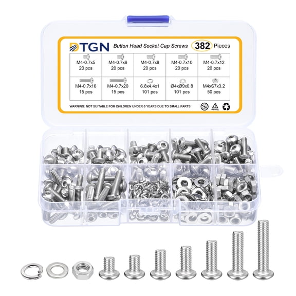 Uxcell 382Pack M4-0.7x5/6/8/10/12/16/20mm Button Head Socket Cap Screws - 304 Stainless Steel Bolt Nut Set Washer Assortment Kit - Good for Road Bicycle, Mountain Bike, Auto