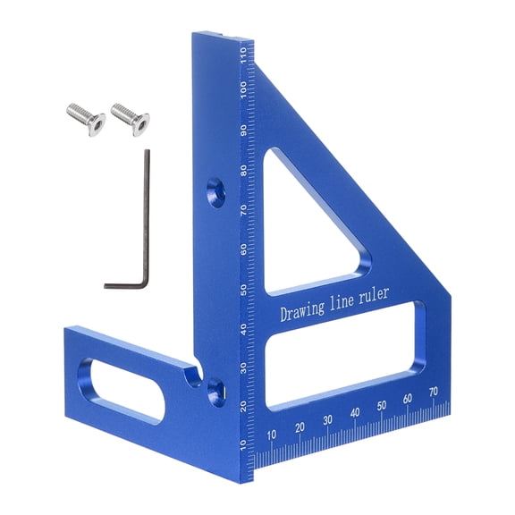 Uxcell 3D Multi-Angle Measuring Ruler 45/90 Degree Metric Aluminum Alloy Woodworking Square Protractor Miter Triangle Ruler with Screws and Hex Spanner for Engineer Carpenter, Blue