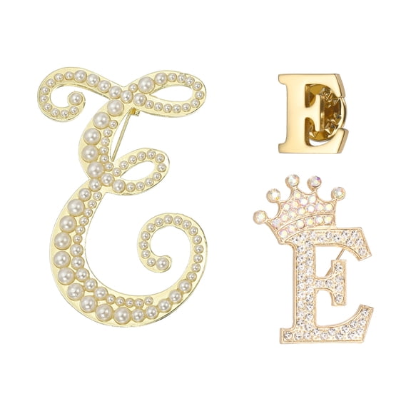Uxcell 3PCS A-Z Letter Brooch Set, 3 Styles Crown & Pearl Minimalist Initial Rhinestone Lapel Decorative Pin Kit for Women Men Suits Clothes Dress Bouquet Coat Collar, Gold, Alphabet E