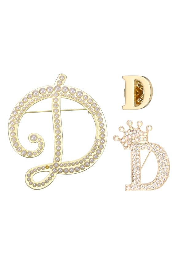 3PCS A-Z Letter Brooch Set, 3 Styles Crown & Pearl Minimalist Initial Rhinestone Lapel Decorative Pin Kit for Women Men Suits Clothes Dress Bouquet Coat Collar, Gold, Alphabet D