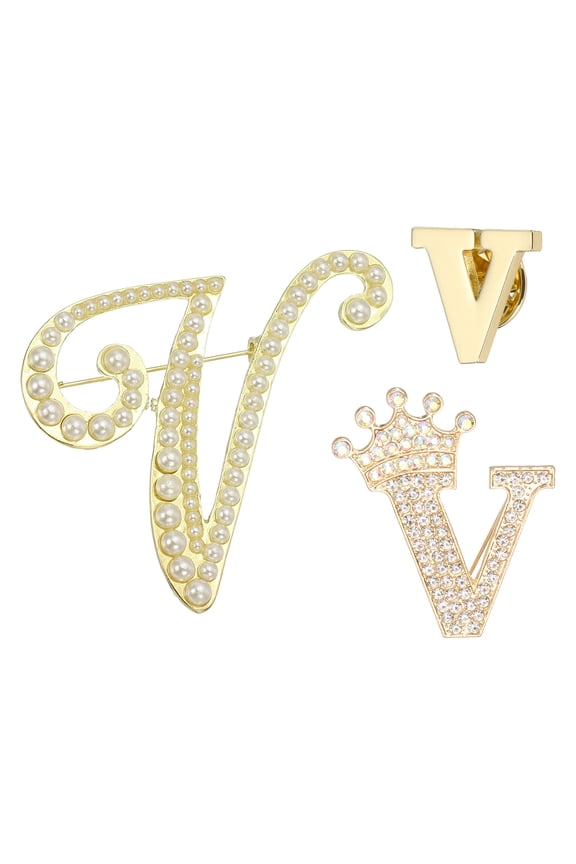 3PCS A-Z Letter Brooch Set, 3 Styles Crown & Pearl Minimalist Initial Rhinestone Lapel Decorative Pin Kit for Women Men Suits Clothes Dress Bouquet Coat Collar, Gold, Alphabet V