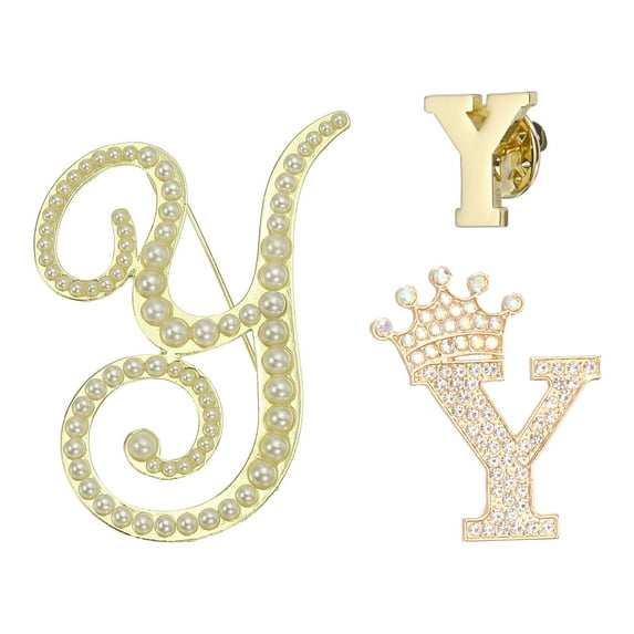 Uxcell 3PCS A-Z Letter Brooch Set, 3 Styles Crown & Pearl Minimalist Initial Rhinestone Lapel Decorative Pin Kit for Women Men Suits Clothes Dress Bouquet Coat Collar, Gold, Alphabet Y
