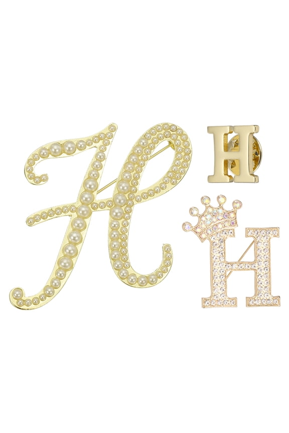3PCS A-Z Letter Brooch Set, 3 Styles Crown & Pearl Minimalist Initial Rhinestone Lapel Decorative Pin Kit for Women Men Suits Clothes Dress Bouquet Coat Collar, Gold, Alphabet H