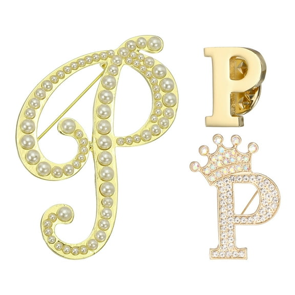 Uxcell 3PCS A-Z Letter Brooch Set, 3 Styles Crown & Pearl Minimalist Initial Rhinestone Lapel Decorative Pin Kit for Women Men Suits Clothes Dress Bouquet Coat Collar, Gold, Alphabet P