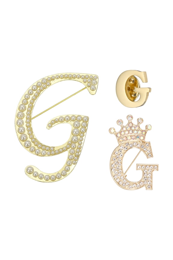 3PCS A-Z Letter Brooch Set, 3 Styles Crown & Pearl Minimalist Initial Rhinestone Lapel Decorative Pin Kit for Women Men Suits Clothes Dress Bouquet Coat Collar, Gold, Alphabet G