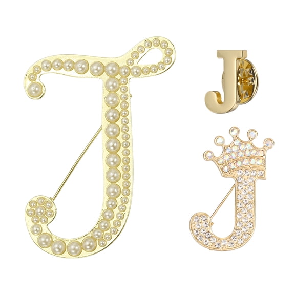 Uxcell 3PCS A-Z Letter Brooch Set, 3 Styles Crown & Pearl Minimalist Initial Rhinestone Lapel Decorative Pin Kit for Women Men Suits Clothes Dress Bouquet Coat Collar, Gold, Alphabet J
