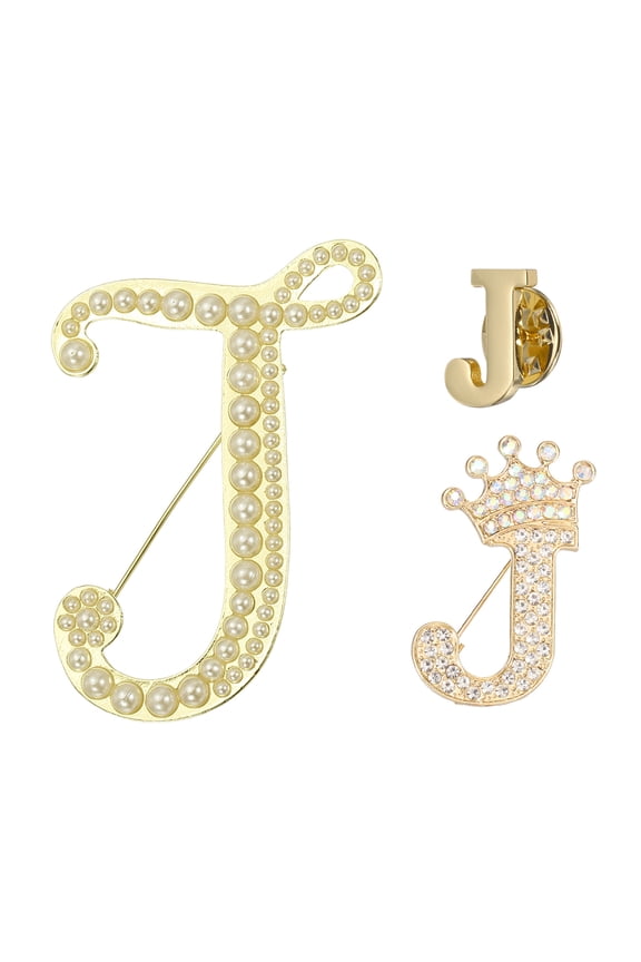 3PCS A-Z Letter Brooch Set, 3 Styles Crown & Pearl Minimalist Initial Rhinestone Lapel Decorative Pin Kit for Women Men Suits Clothes Dress Bouquet Coat Collar, Gold, Alphabet J