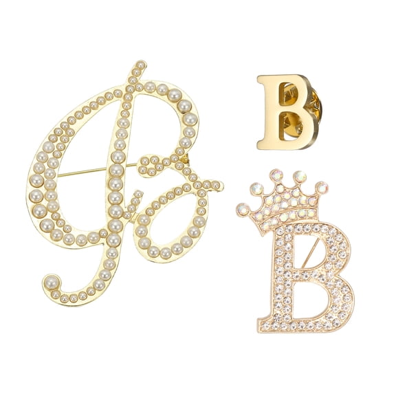 Uxcell 3PCS A-Z Letter Brooch Set, 3 Styles Crown & Pearl Minimalist Initial Rhinestone Lapel Decorative Pin Kit for Women Men Suits Clothes Dress Bouquet Coat Collar, Gold, Alphabet B