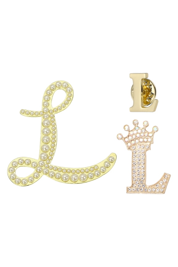 3PCS A-Z Letter Brooch Set, 3 Styles Crown & Pearl Minimalist Initial Rhinestone Lapel Decorative Pin Kit for Women Men Suits Clothes Dress Bouquet Coat Collar, Gold, Alphabet L