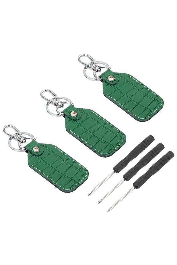 Leather Key Fob, 3 Pcs Genuine Leather Key Cover RFID Key Fob Protector Air Tag Holder Keychain Case with Key Ring & Screwdriver for Car Key ID Key Card Deep Green
