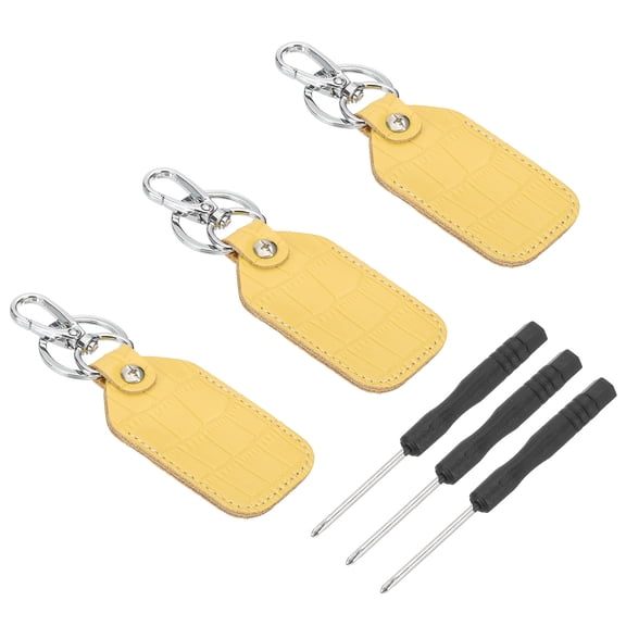 Uxcell Leather Key Fob, 3 Pcs Genuine Leather Key Cover RFID Key Fob Protector Air Tag Holder Keychain Case with Key Ring & Screwdriver for Car Key ID Key Card Yellow
