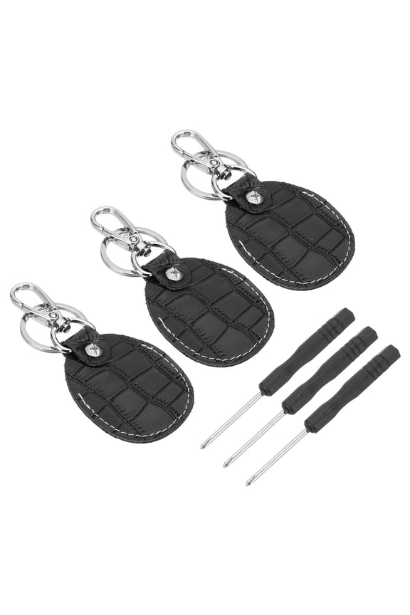 Leather Key Fob, 3 Pcs Genuine Leather Key Cover RFID Key Fob Protector Air Tag Holder Keychain Case with Key Ring & Screwdriver for Car Key ID Key Cards Black