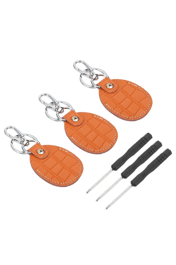 Leather Key Fob, 3 Pcs Genuine Leather Key Cover RFID Key Fob Protector Air Tag Holder Keychain Case with Key Ring & Screwdriver for Car Key ID Key Cards Orange