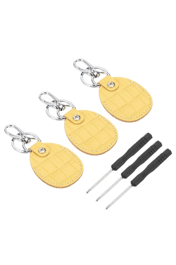 Leather Key Fob, 3 Pcs Genuine Leather Key Cover RFID Key Fob Protector Air Tag Holder Keychain Case with Key Ring & Screwdriver for Car Key ID Key Cards Yellow