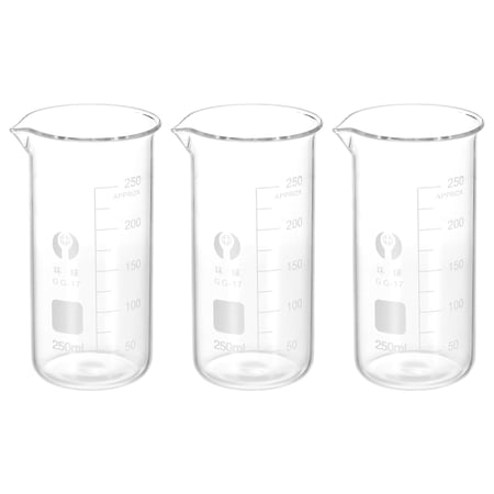 Uxcell 3Pack 250ml Tall Form Glass Beaker, 3.3 Borosilicate Glass Graduated Measuring Cups with Spout