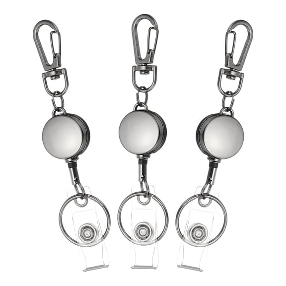 Uxcell 3Pack Retractable Keychain, Metal Badge Reels Retractable Badge Holder Clips with Key Rings for Name Card Key Conferences Office, Gun Black(Round)