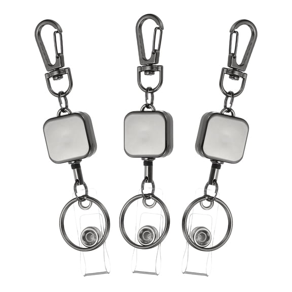 Uxcell 3Pack Retractable Keychain, Metal Badge Reels Retractable Badge Holder Clips with Key Rings for Name Card Key Conferences Office, Gun Black(Square)