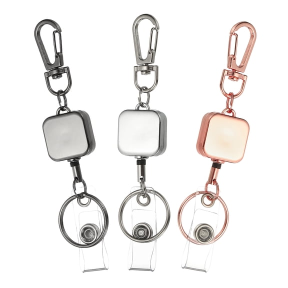 Uxcell 3Pack Retractable Keychain, Metal Badge Reels Retractable Badge Holder Clips with Key Rings for Name Card Key Conferences Office, Silver/Gun Black/Rose Gold(Square)