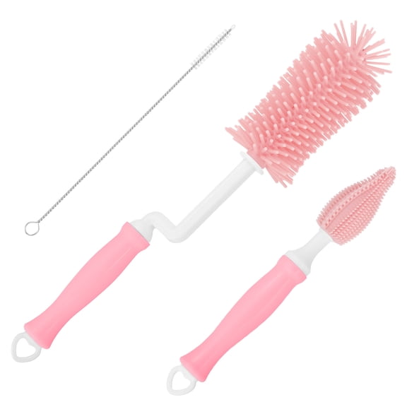 Uxcell 3Pack Silicone Bottle Cleaning Brush, 360 Rotation Long Curved Handle Water Bottles Cleaner Kits (Pink)