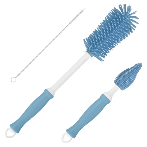 Uxcell 3Pack Silicone Bottle Cleaning Brush, 360 Rotation Long Straight Handle Water Bottles Cleaner Kits (Blue)