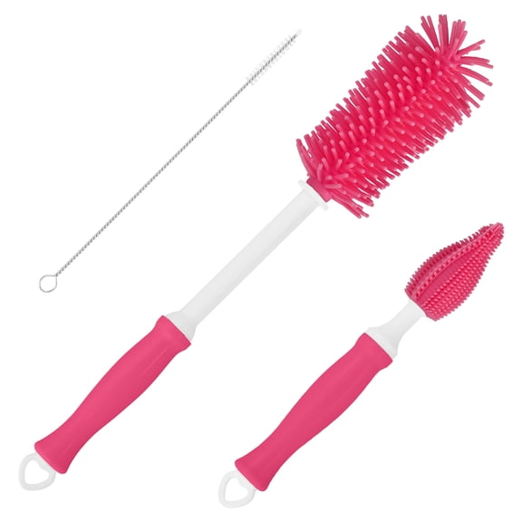 Uxcell 3Pack Silicone Bottle Cleaning Brush, 360 Rotation Long Straight Handle Water Bottles Cleaner Kits (Cherry Red)