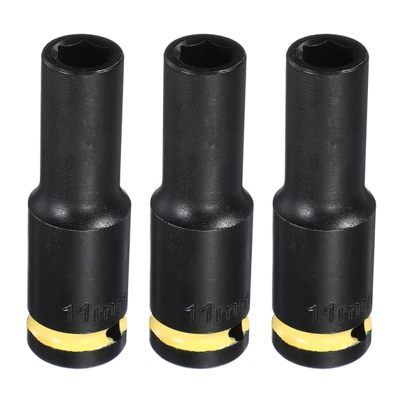 Uxcell 3Pcs 6 Point Deep Impact Socket 1/2" Drive 11mm Metric CR-V Steel Spindle Axle Hex Nut Bolt Sockets 3" Long for Auto Machine Repair, Yellow Black