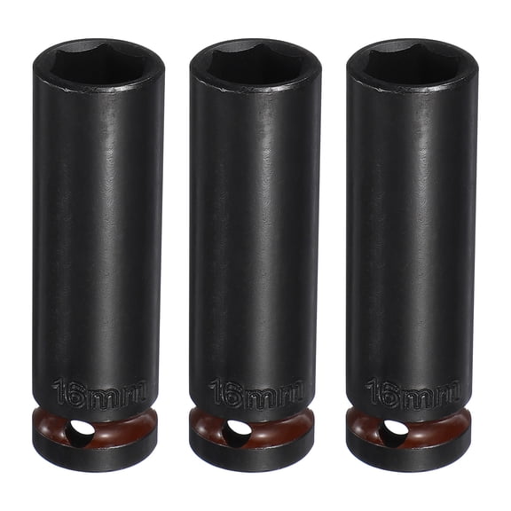 Uxcell 3Pcs 6 Point Deep Impact Socket 1/2" Drive 16mm Metric CR-V Steel Spindle Axle Hex Nut Bolt Sockets 3" Long for Auto Machine Repair, Brown Black
