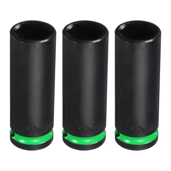 Uxcell 3Pcs 6 Point Deep Impact Socket 1/2" Drive 19mm Metric CR-V Steel Spindle Axle Hex Nut Bolt Sockets 3" Long for Auto Machine Repair, Green Black