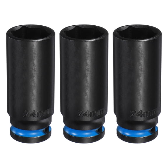 Uxcell 3Pcs 6 Point Deep Impact Socket 1/2" Drive 24mm Metric CR-V Steel Spindle Axle Hex Nut Bolt Sockets 3" Long for Auto Machine Repair, Dark Blue Black