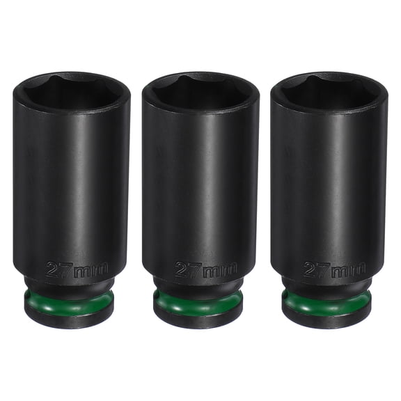 Uxcell 3Pcs 6 Point Deep Impact Socket 1/2" Drive 27mm Metric CR-V Steel Spindle Axle Hex Nut Bolt Sockets 3" Long for Auto Machine Repair, Green Black