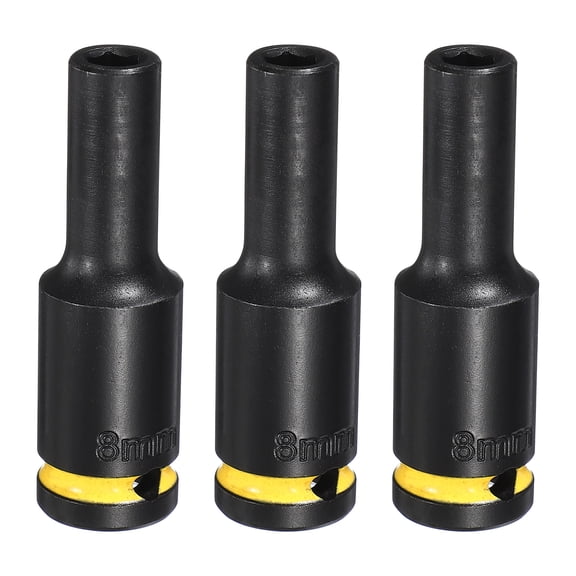Uxcell 3Pcs 6 Point Deep Impact Socket 1/2" Drive 8mm Metric CR-V Steel Spindle Axle Hex Nut Bolt Sockets 3" Long for Auto Machine Repair, Yellow Black