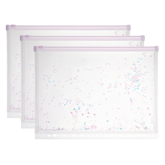 Uxcell 3Pcs A4 Plastic Binder Zipper, Binder Pockets 12 x 9" Clear Envelope Folders Planner Waterproof Pouch Filing with Sequin Decor for Document Notebook Card Organizer, Light Purple