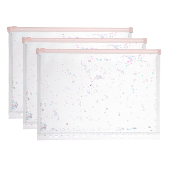Uxcell 3Pcs A4 Plastic Binder Zipper, Binder Pockets 12 x 9" Clear Envelope Folders Planner Waterproof Pouch Filing with Sequin Decor for Document Notebook Card Organizer, Light Pink