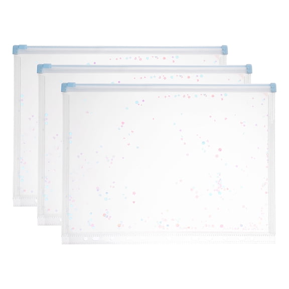 Uxcell 3Pcs A4 Plastic Binder Zipper, Binder Pockets 12 x 9" Clear Envelope Folders Planner Waterproof Pouch Filing with Sequin Decor for Document Notebook Card Organizer, Light Blue