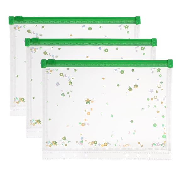 Uxcell 3Pcs A5 Plastic Binder Zipper, Binder Pockets 9 x 7" Clear Envelope Folders Planner Waterproof Pouch Filing with Sequin Decor for Document Card, Fluorescent Green